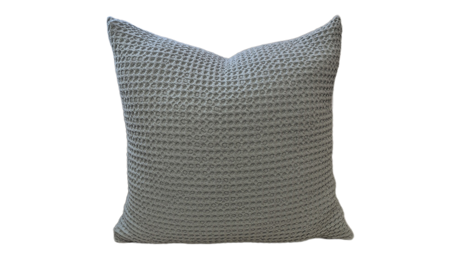 Soft duck egg-coloured cushion with a feather-filled interior, featuring a textured surface and waffle-like pattern
